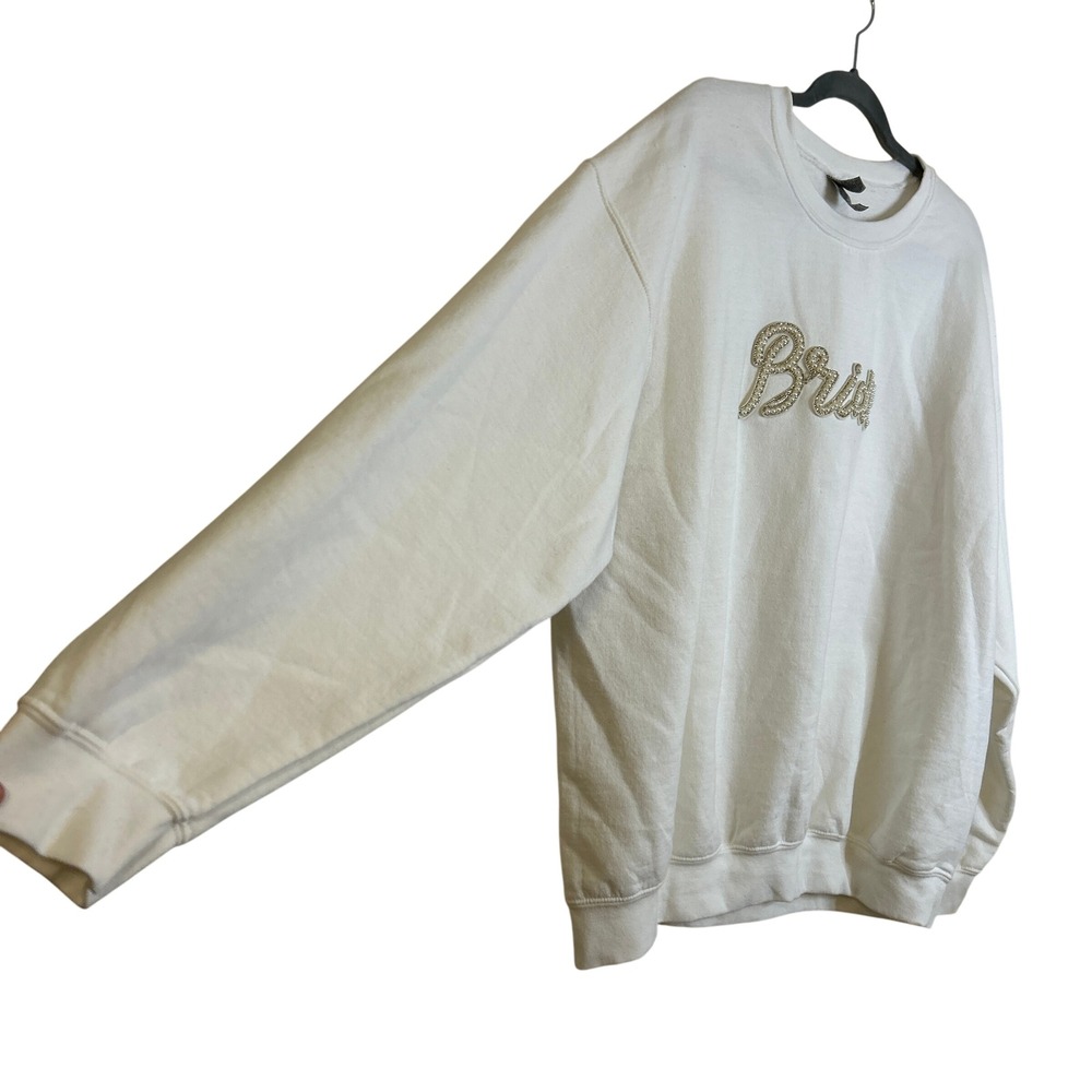 Gildan White Bride Fleece Sweatshirt Crewneck Embellished Pearls Rhinestones XL - Picture 6 of 9